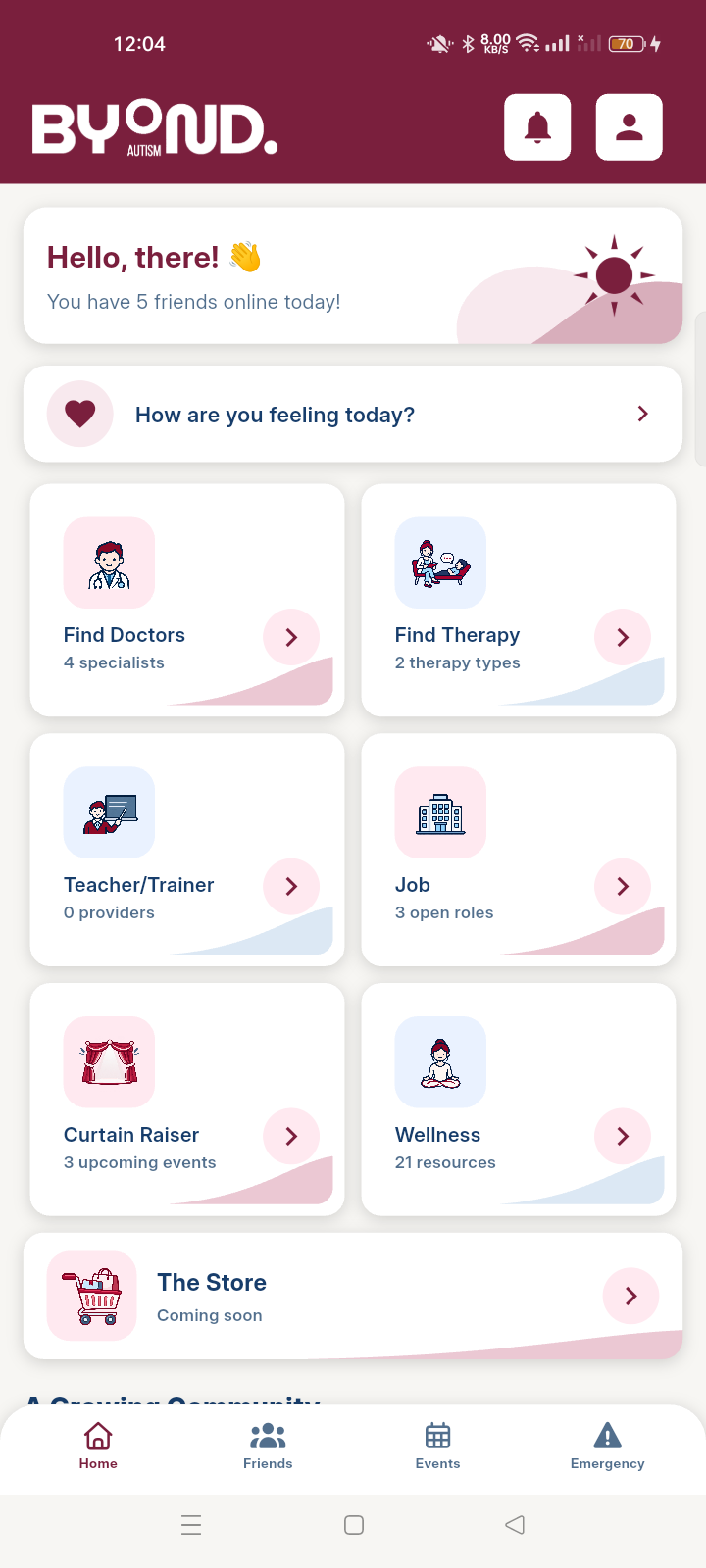 BYOND home screen showing care and community options